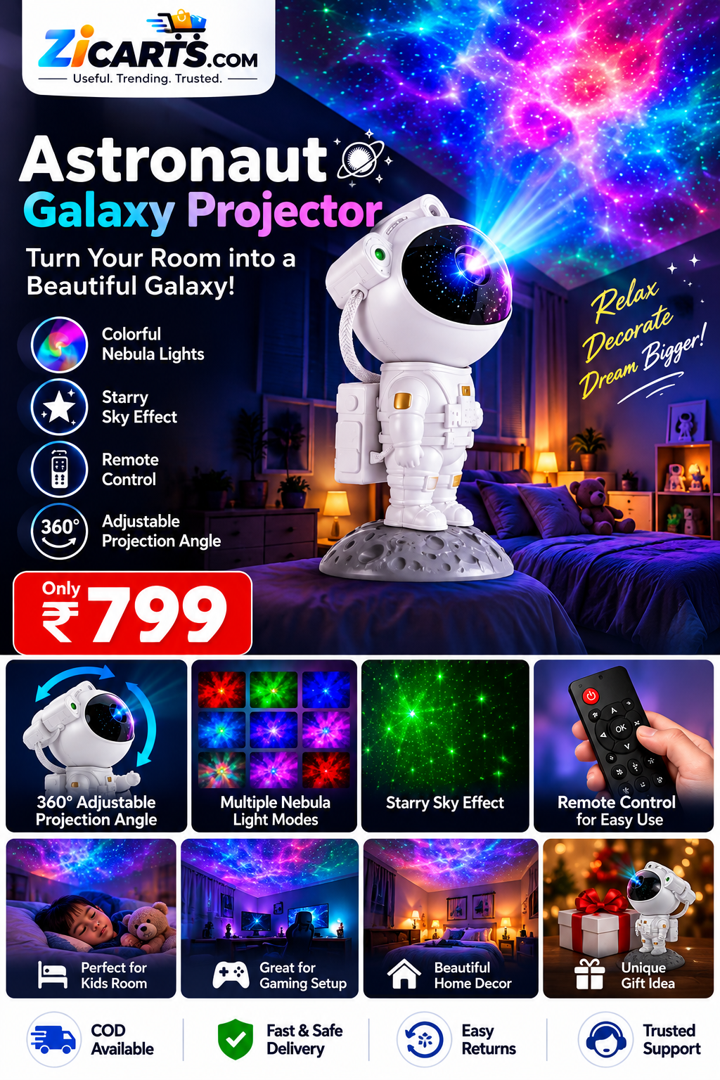 Astronaut Galaxy Projector Night Light - ZiCARTS