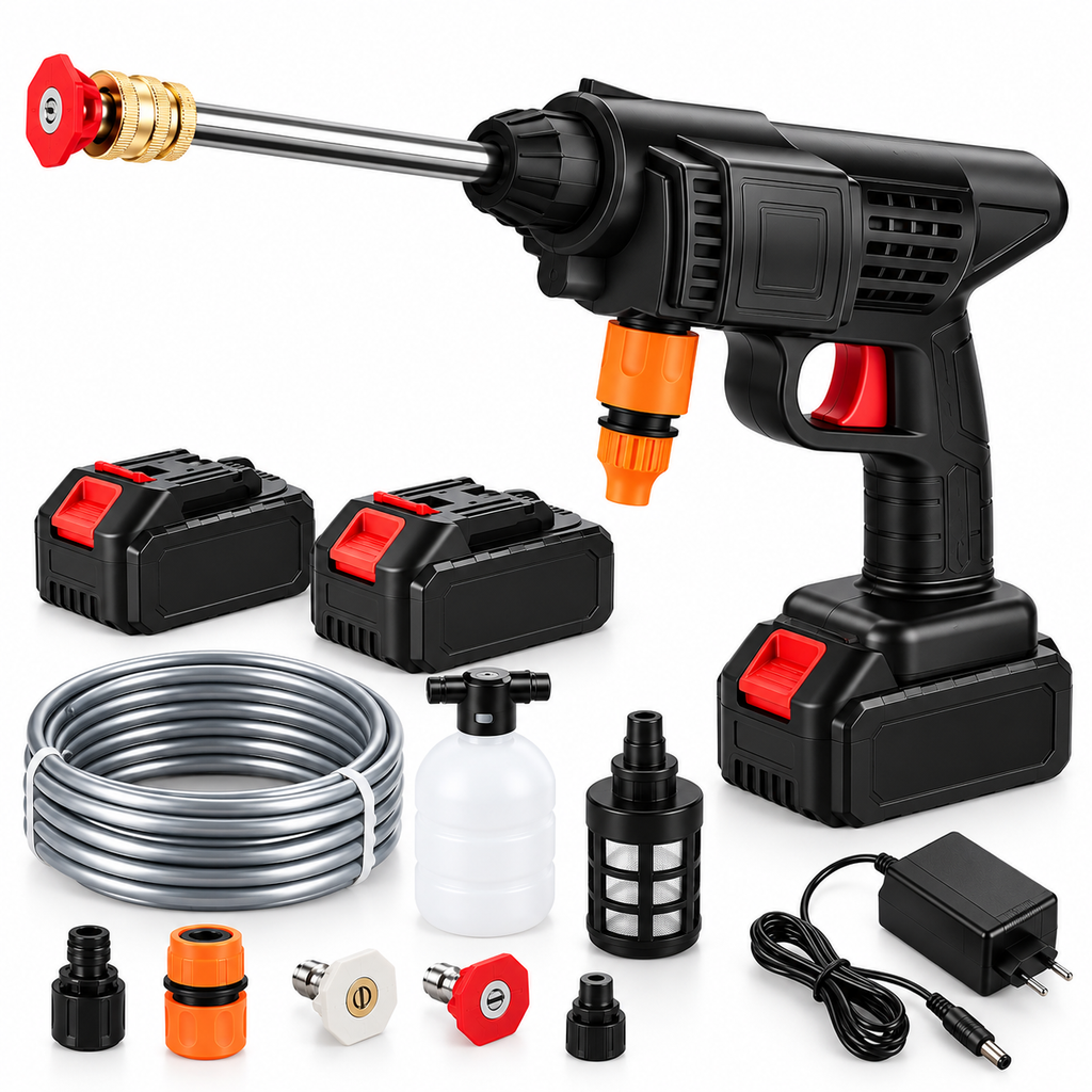 Cordless pressure washer gun kit with two batteries, hose, foam bottle, filter, charger and nozzle accessories on a white background
