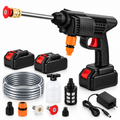 Cordless pressure washer gun kit with two batteries, hose, foam bottle, filter, charger and nozzle accessories on a white background